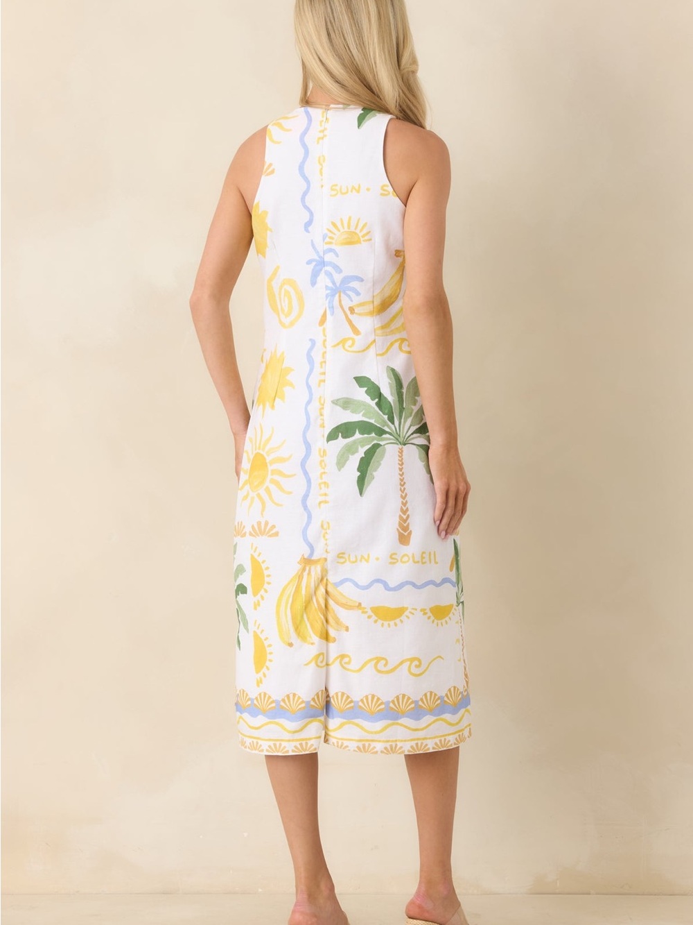 PARADISA by PROSPERINA BREAKERS WHITE MULTI LINEN BLEND MIDI DRESS M NWT - Picture 3 of 7